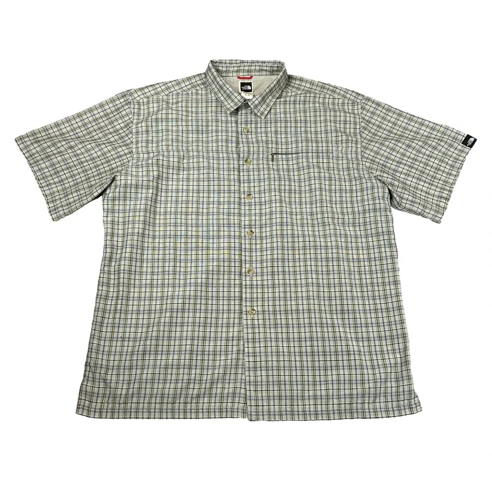 EUC The North Face Mens XL Plaid Short Sleeve Hiking Shirt Green Blue Button Up